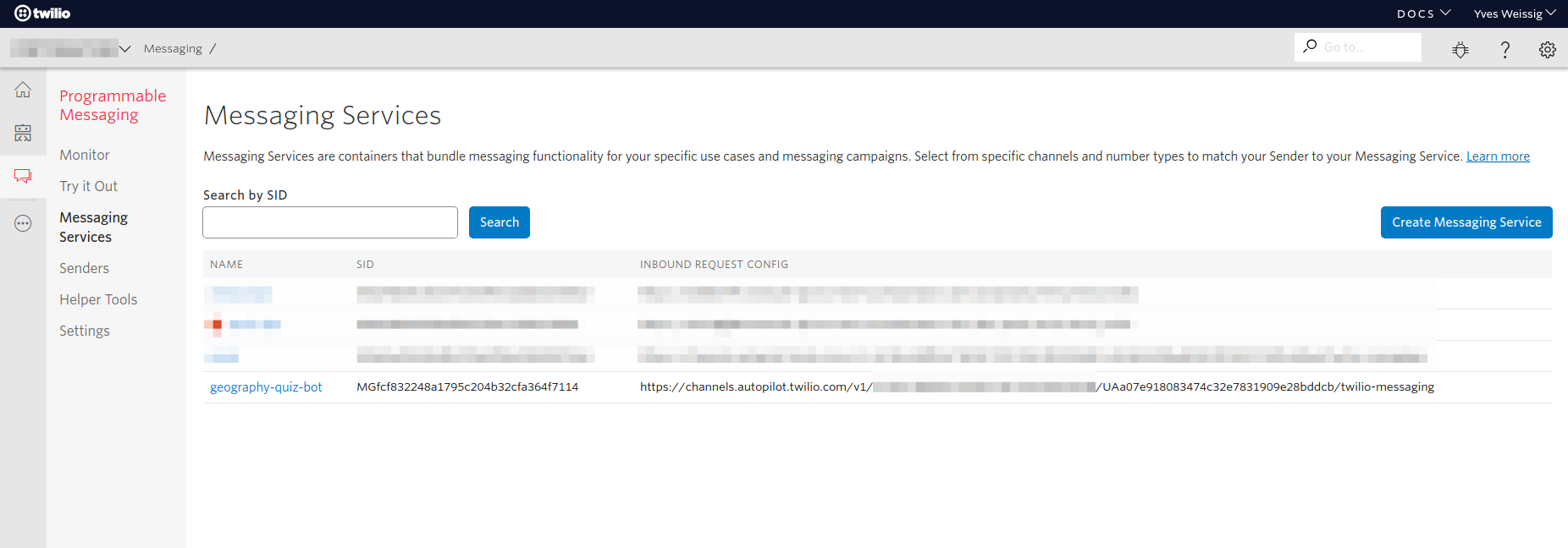 Messaging Services in Programmable Messaging /2021/07/building-a-simple-quiz-chatbot-with-twilio-autopilot-and-serverless/Twilio_Console-Messaging_Services_Overview.png